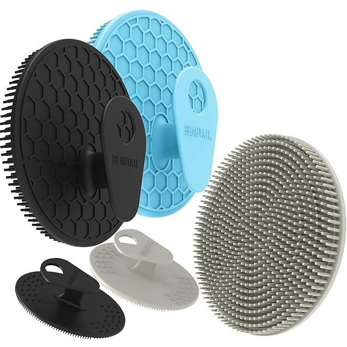 Silicone Body and Face Scrubber Set 5 Pack, BEAUTAIL Shower Bath Scrubber, Gentle Exfoliating Brush for Women Men Sensitive Skin, More Hygienic Than Traditional Loofah, Long Lasting, Black+Blue+Gray