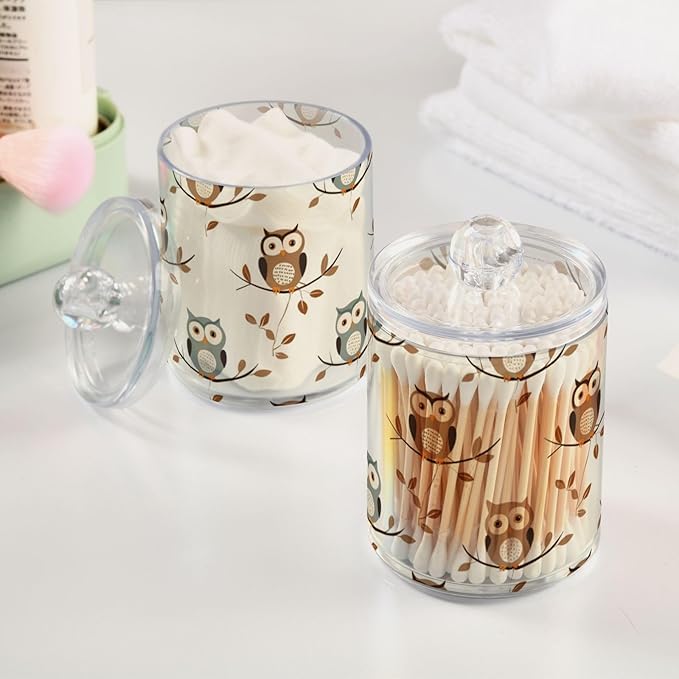2 Pack Qtip Holder Dispenser for Cotton Ball Owl Forest Little Animal Cotton Swab Round Pads Clear Plastic Acrylic Jar Set Bathroom Canister
