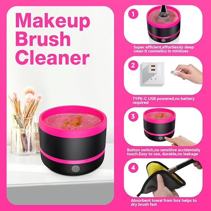 Electric Paint Brush Cleaner,Rinser Cup,Brush Rinser for Painting,Makeup Brush Cleaner Machine,Paint Brushes Cleaner Tool,USB Portable Automatic Spin Deep Cleaning for Acrylic Black&Rosy