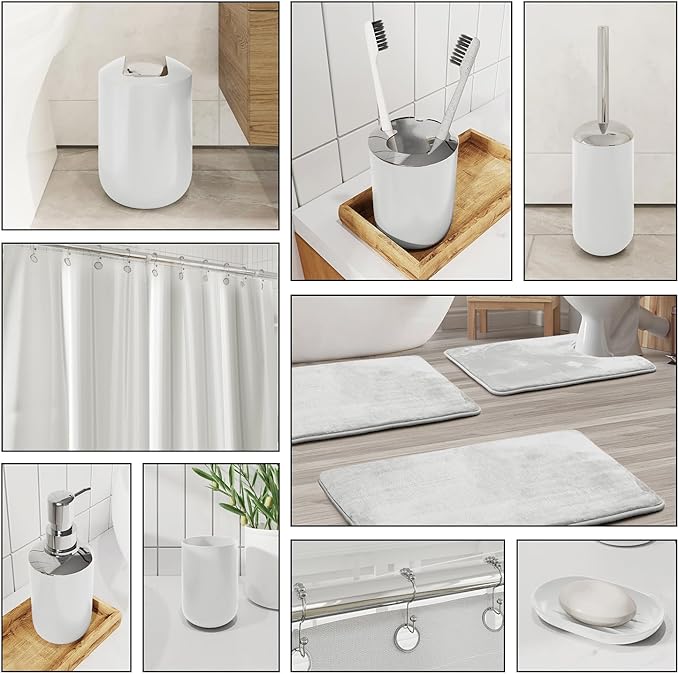Clara Clark Bathroom Accessories Set - 28PC Bathroom Set with Adhesive Corner Shower Caddy Hanging, Bathroom Sets with Shower Curtain and Rugs, White Shower Curtain Set with Bathroom Trash Can