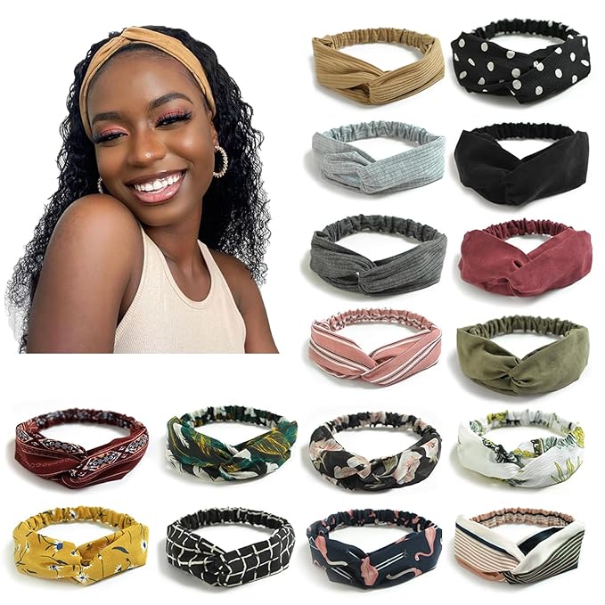 DRESHOW 16 Pack Turban Headbands for Women Elastic Back Twisted Hair Bands Face Vintage Cross Head Wrap Hair Accessories