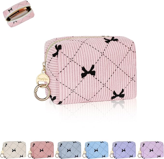Mini Makeup Bag, Corduroy Small Cosmetic Bag for Purse with Ring Buckle, Bow Tie Travel Makeup Pouch for Lipsticks, Chapsticks, Coin, Earphone, Credit Card (Light Pink)