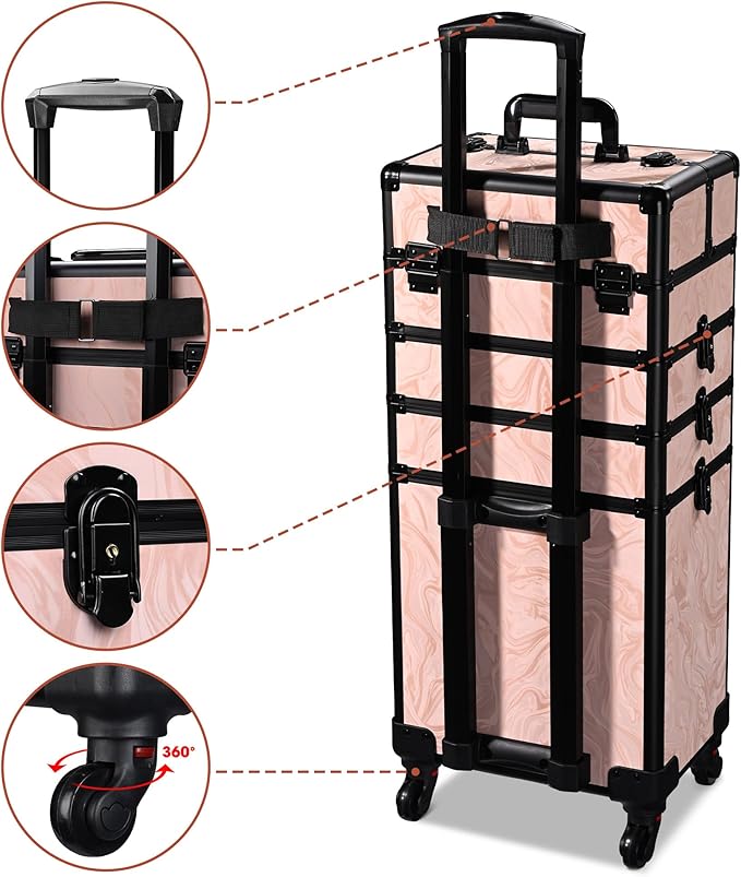 BYOOTIQUE Rolling Makeup Trollleyon Wheels 3-Piece Kit Lockable Cosmetology Organizer Cart Cosmetic Train Case Hairdressing Brush Bags for Nail Tech Beauty Salon Barbershop,CTB Pink