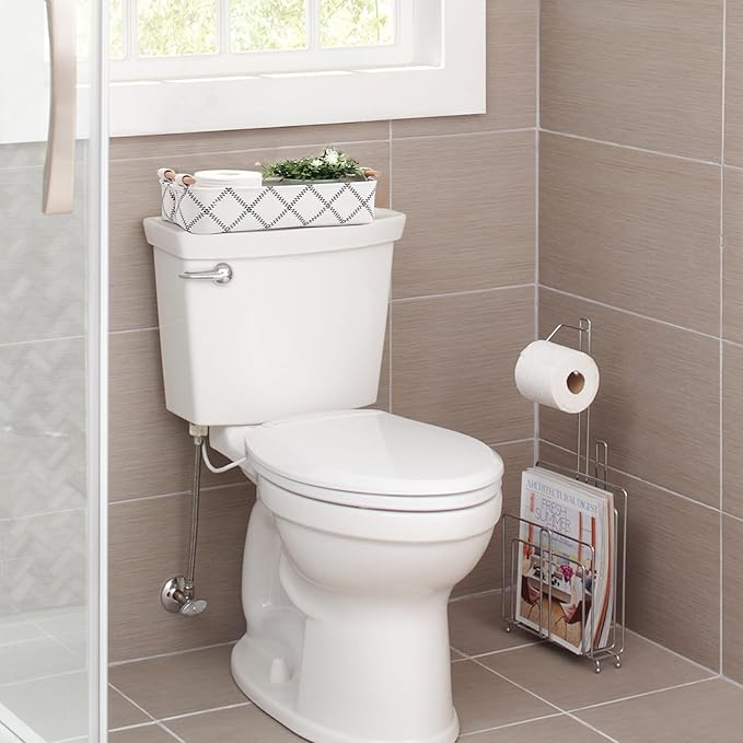 Toilet Tank Basket for Bathroom Storage - Holds 2-4 Toilet Paper Rolls, Small Decorative Basket with Wood Handles, Collapsible Organizer for Countertop, Shelf, Boho Home Décor, 14"x6.3"x3.9", White
