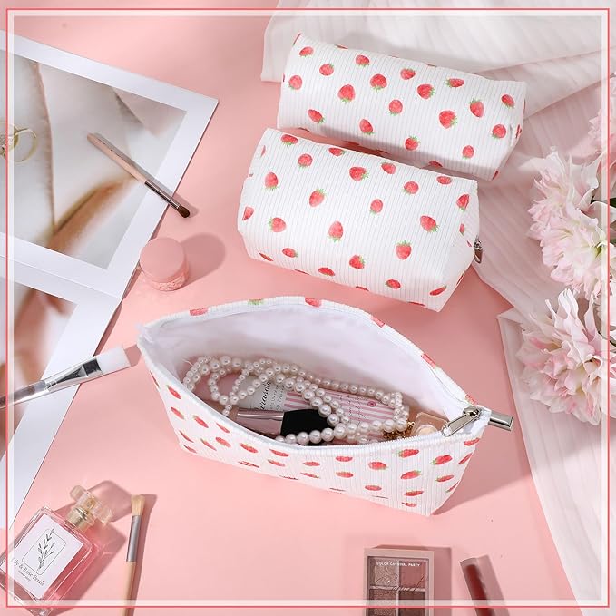 3 Pcs Makeup Bag Set for Women Corduroy Cosmetic Pouch Aesthetic Smile Travel Toiletry Bag Cute Purse Pouch Pencil Case Makeup Brushes Storage Organizer with Zipper(White,Strawberry)