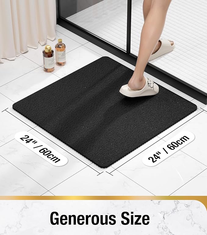 HITSLAM Square Shower Mat Non Slip, Bath Tub Mat for Textured Surface, Soft PVC Loofah Bathtub Mats Without Suction Cups, Quick Drying Shower Floor Mat, 24 x 24 Inch Bathroom Accessories, Black