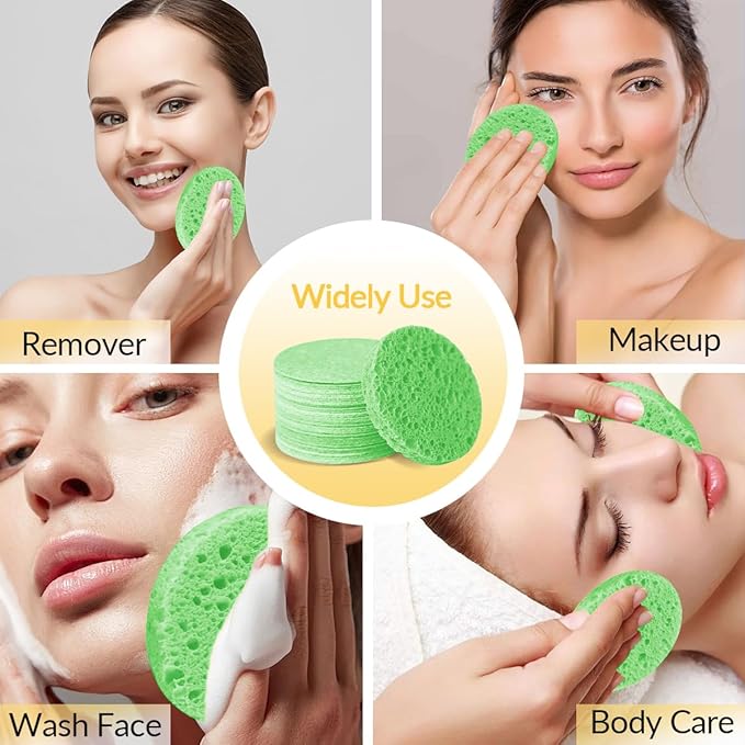 50-Count Facial Sponges Compressed Natural Cellulose Sponge Round Shape Face Sponge for Face Cleansing Exfoliating and Makeup Removal, Green