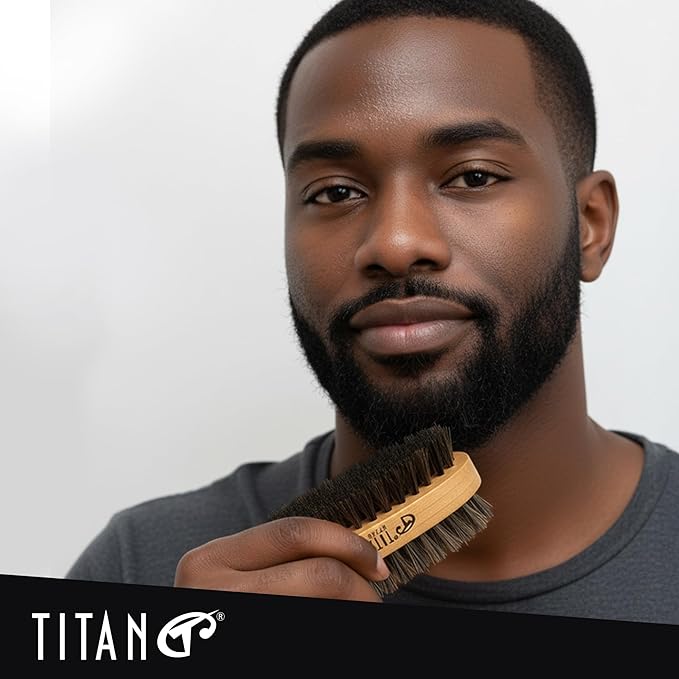 TITAN Double Sided Military Hair Brush – Soft & Hard Boar Bristle Wave Brush for Men – Dual-Sided Palm Brush with Wooden Handle for 360 Waves, Beard, and Hair Grooming