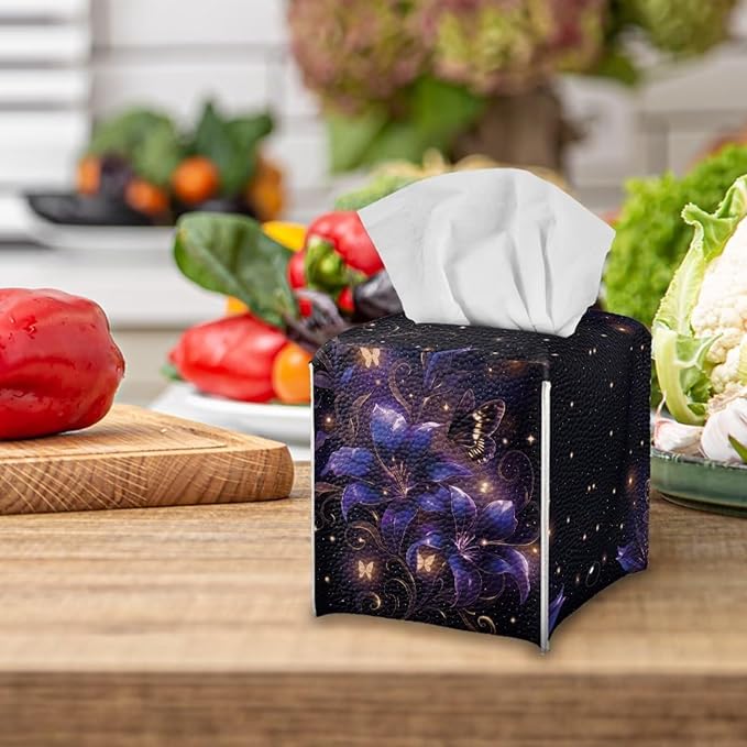 Purple Flower Tissue Box Holder Stylish Leather Square Tissue Box Cover with Top Handle Waterproof Napkin Case Holder Home Office Bathroom Decor