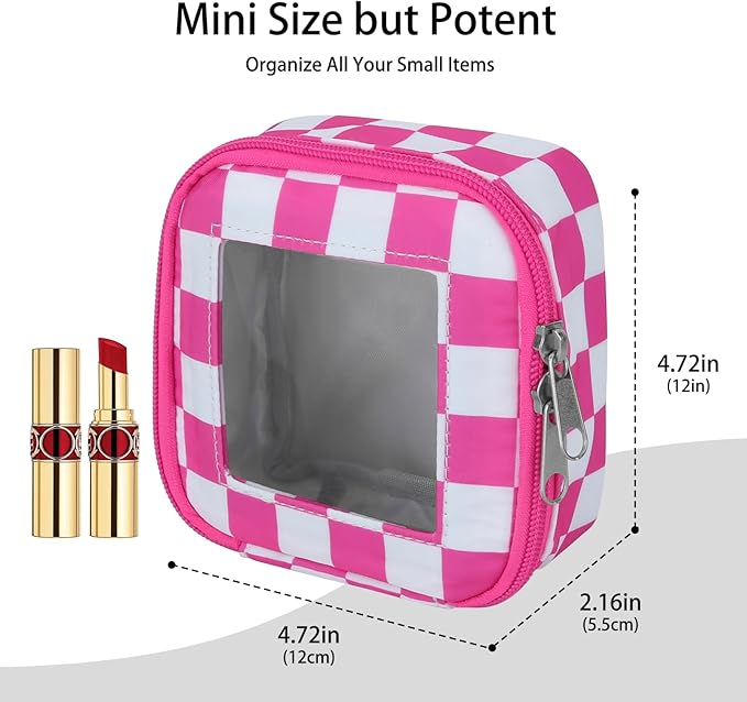 DOB SECHS Mini Checkered Bag for Purse 5.1'' x 5.1'' Small Makeup Bag for Car Cute Clear Cosmetic Bags with Zipper, Tiny Toiletry Bag Lipstick Organizer Pouch Travel Essentials Storage Pouch, Hot Pink