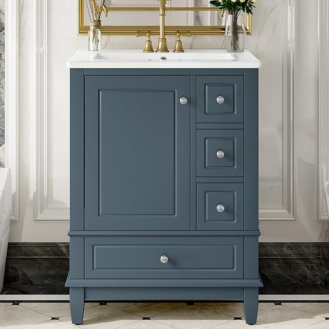 24" Bathroom Vanity with Sink, Harper & Bright Designs Free Standing Single Vanity Set with 3 Drawers and One Door with Storage Racks, Wooden Storage Cabinet with Ceramic Basin for Bathroom, Blue Grey