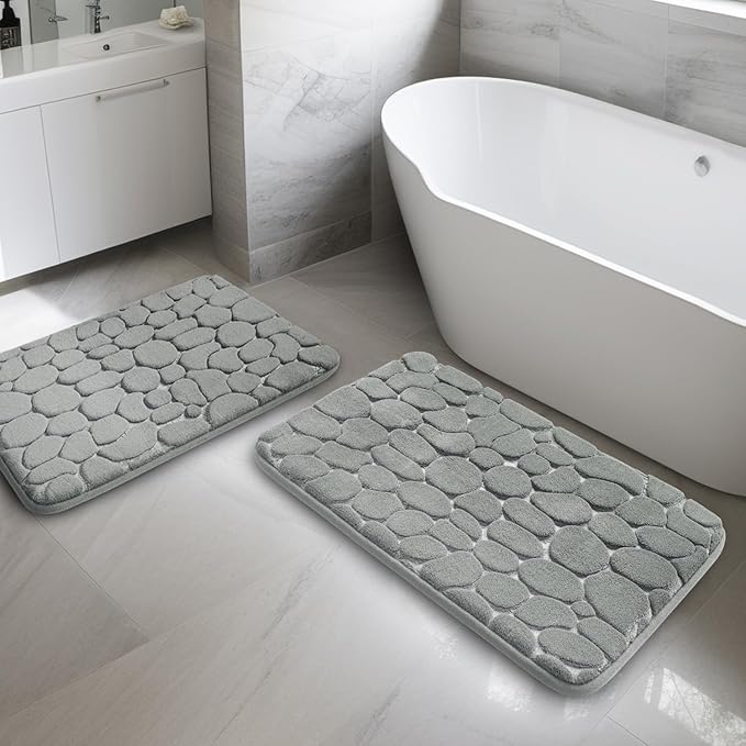 YIHOUSE Bathroom Rugs Mat Set 2 Piece Light Grey, Memory Foam Bath Mats Sets, Non Slip Water Absorbent Washable Bath Rugs for Sink, Toilet and Floor