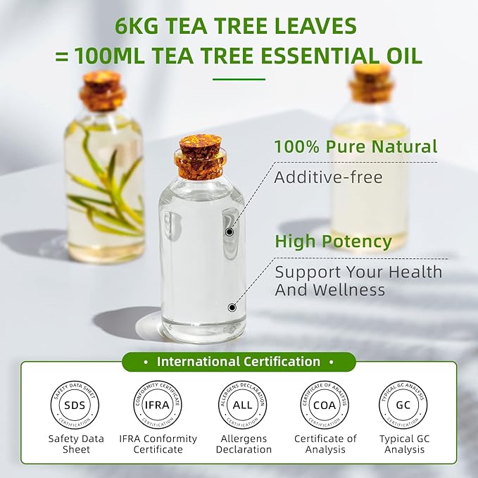 HIQILI Tea Tree Oil 32 Fl Oz, for Skin, Hair, Nail, Diffuser, Soap Making, Includes Four Portable Decanters