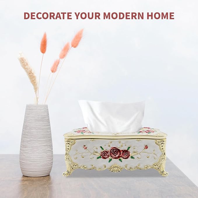 9.45"x5.43"x3.94" Luxurious Rose Tissue Box with Imitation Diamonds, Embossed Flowers, Elegant Tissue Paper Holders for Home Toilet Bath Hotel,Gold-White-red