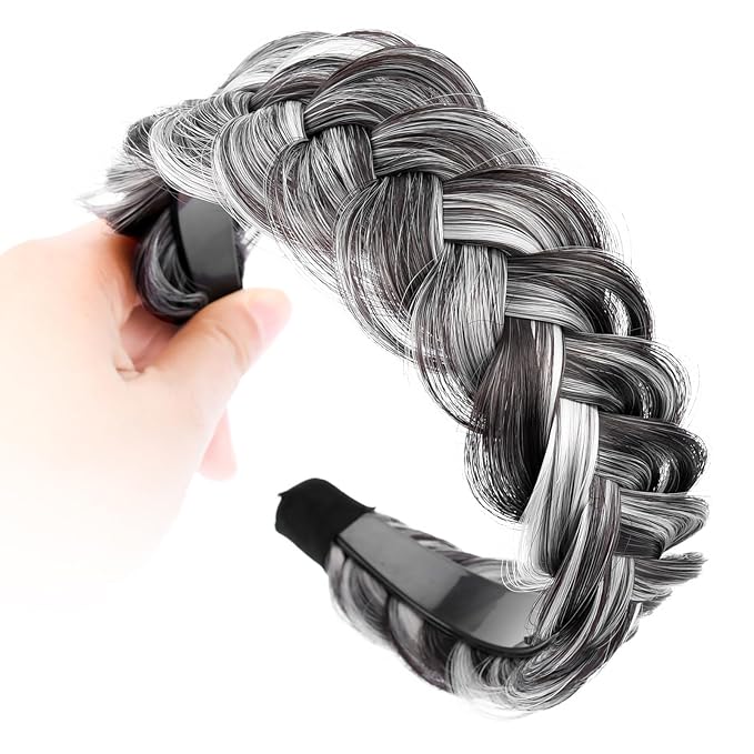 DIGUAN Wide Messy Braided Headband With Teeth Synthetic Hair Plaited Headband High Elasticity Braids Chunky Fishtail Braided Hair Band Hairpiece for Girls Women Beauty Accessory (Dark Gray)