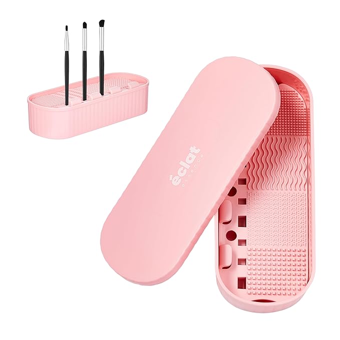 ÉCLAT Makeup Brush Cleaner Mat, 3 in 1 Brush Cleaner Bowl Holder & Cosmetic Tool Organizer Case for Travel, Storage & Air Drying, Portable Make Up Cleaning Tool for Sponges & Powder Puffs (Pink)