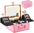 Makeup Case with Lighted Mirror, Makeup Box Organizer with Detachable LED Mirror, Travel Makeup Train Case, Waterproof Cosmetic Organizer, Standing Brush Holder, Gift, Pink