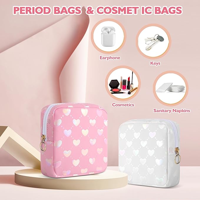 Period Bag Pouch, Leather Sanitary Napkin Storage Bag for Girls Womens, Portable Sanitary Napkin Period Pad Pouch Bag for Purse, Small Make Up Bags(Pink LOVE)