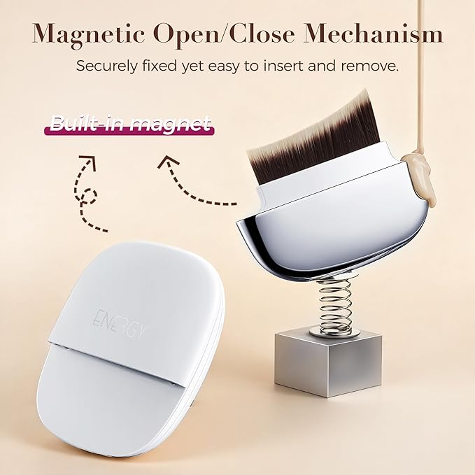 ENERGY Flat Foundation Brush with Mirror, Powder Puff & Mixing Palette 4-in-1, Travel Kabuki Makeup Brush for Liquid or Powder Cream Foundation, Magnetic Portable Kabuki Brushes On-The-Go Small White