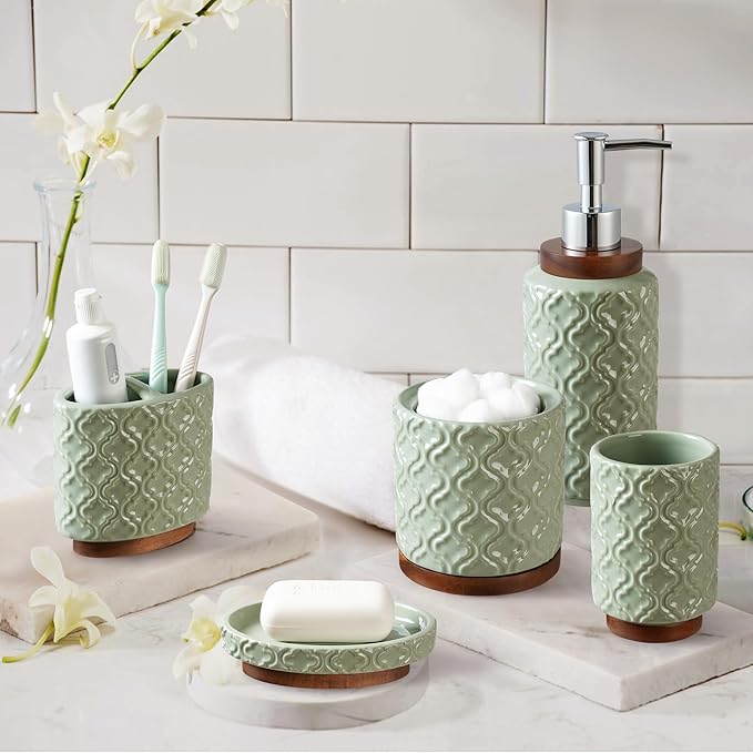 Elegant Bathroom Accessories Set 5 PCS Ceramic and Wood Bathroom Accessory Set Soap Dispenser Toothbrush Holder Tumbler Soap Dish Cotton Swab Jar Easy to Clean Quatrefoil Pattern Green