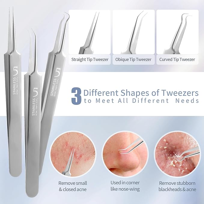 FEITA Blackhead Remover Comedone Extractor Tool, Face Black Head Needle & Curved Tip Acne Tweezers Kit with Metal Box, Facial Stainless Pimple Removal Tools Kit for Nose, Silver 8Pcs