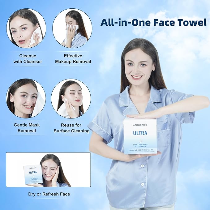 Clean Face Towels XL, Ultra Ed., 10"×12" Biobased Facial Towels, Disposable Face Towelette, Makeup Remover Dry Wipes, Thicker Textured for Skin Care, Clean Skin, 100 Count (2 Pack)
