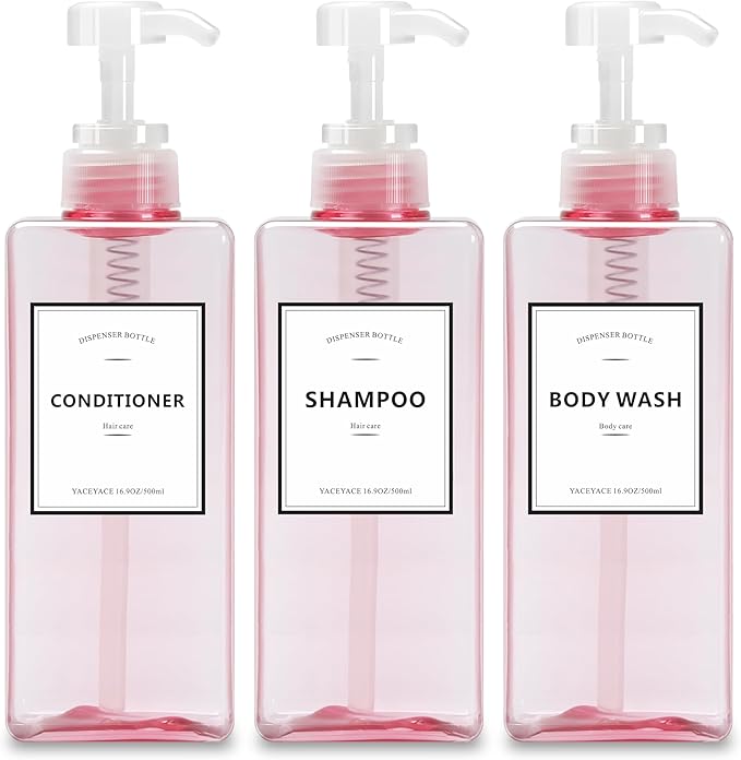 Pink Shampoo and Conditioner Set of 3, 16.9oz Clear Shampoo Bottles with Pump Dispenser, Body Wash Dispenser, Shower Bottles