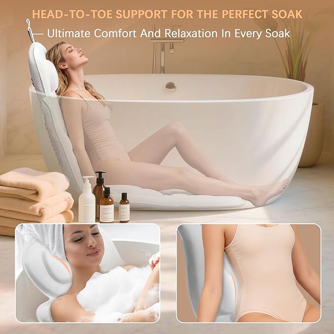 Ergonomic Full Body Bath Pillow for Bathtub, 5D Luxury Spa Cushion with 114 Non-Slip Suction Cups, Extra Long Thick Bath Pillow for Full Body Support, for Adult with Laundry Bag & Hook (Grey) (White)