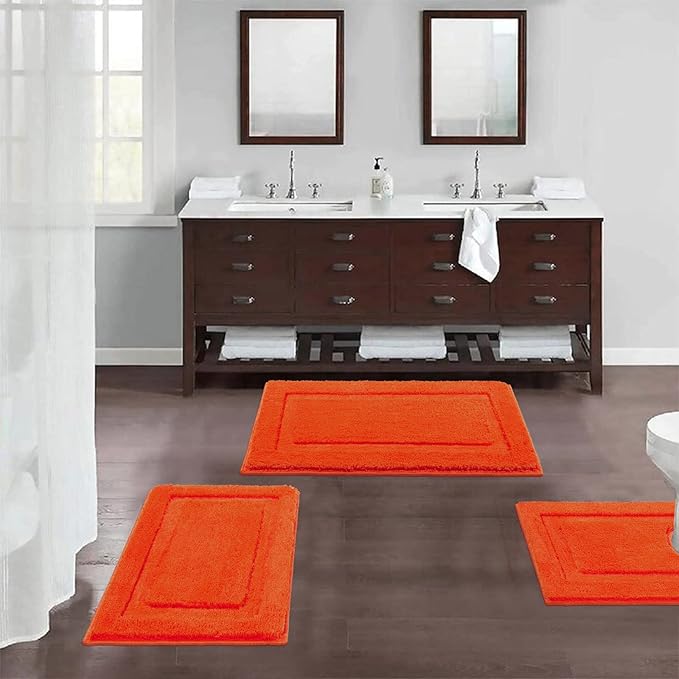 SHACOS Orange Fall Bathroom Rugs Sets 3 Piece, 16"x24" + 20"x32" Non Slip Bath Mat and 20"x24" Toilet Rugs U Shaped Washable, Soft Fluffy Water Absorbent Bath Rugs for Bathroom