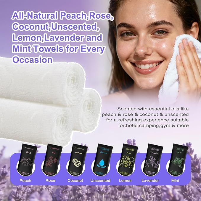 Moist Cotton Towel Bulk Moist Towelettes Individually Wrapped 8.7" x 8.7",White Towel Services,Refreshment Pre Moistened Towels Lavender Lemon Mint Unscented Peach Rose Coconut for Sport Spa (28)