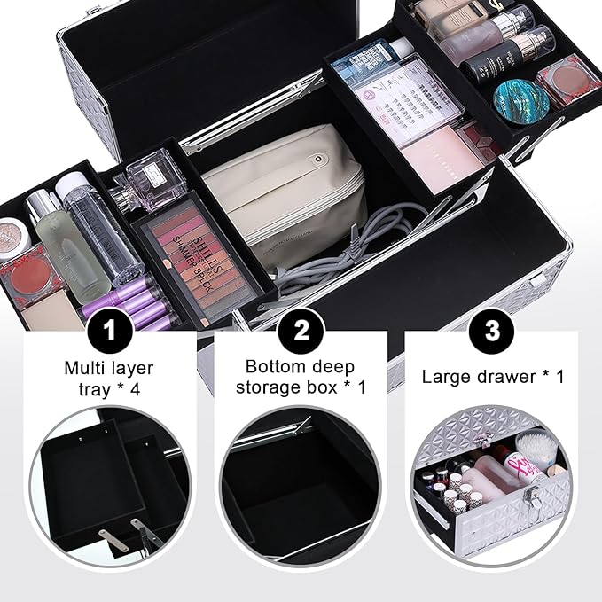 Rolling Makeup Case,Professional Cosmetology Case on Wheels,Large Cosmetic Organizer Train Case,Makeup Travel Case with Draws & Swivel wheels Nail Tech Salon Storage Traveling Cart Trunk,Silver