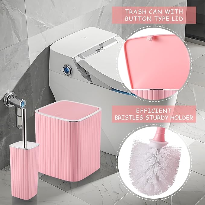 Bathroom Set with Shower Curtain and Rugs- 25PC Pink Bathroom Accessories, Shower Curtain Set, Toilet Brush, Trash Can, Qtip Holder & Soap Dispenser