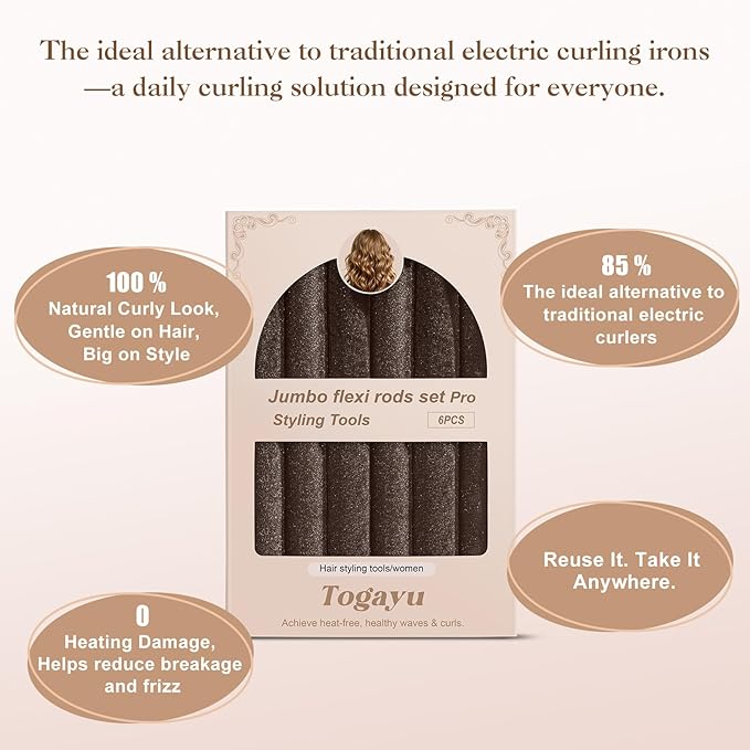 Heatless Curls Overnight Set - 6PCS Jumbo Velvet Hair Rollers to Sleep In, No-Damage Flexi Rods for Beautiful, Effortless Curls and Waves for Women