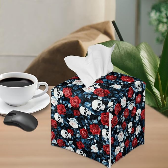 Red Rose Skull Modern Tissue Box Holder, Waterproof Square PU Leather Napkin Case with Metal Button Closure, Decorative Tissue Cover Organizer for Vanity, Desk, Car, and Living Room