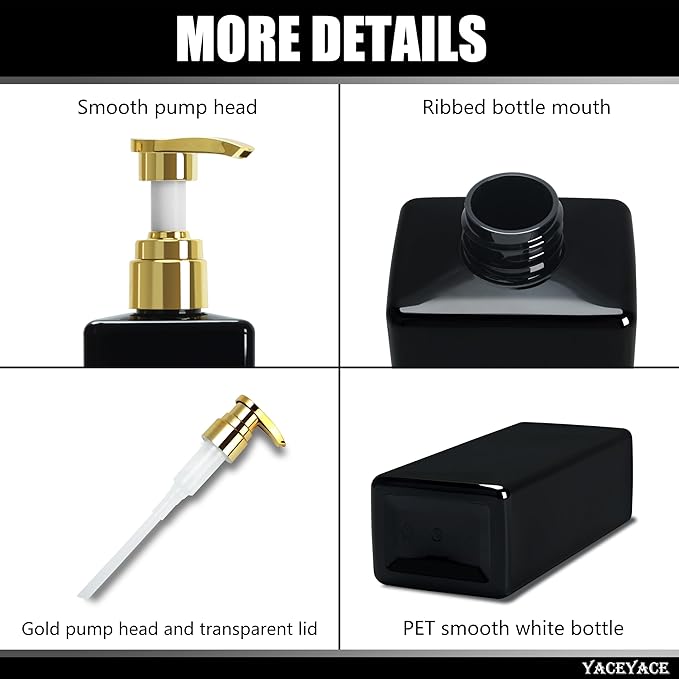Black Shampoo Bottles with Gold Pump YACEYACE 16.9oz Set of 3 Shampoo and Conditioner Dispenser Empty Black Shower Bottles, Elegant Boutique Shampoo Dispenser for Bathroom, Lotion, Salon