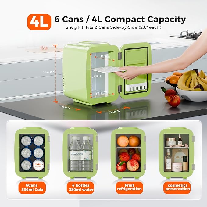 Mini Fridge, 4 Liter/6 Can Mini Makeup Fridge, 110V AC/ 12V DC Portable Thermoelectric Cooler&Warmer for Skincare, Drink, Cosmetic, Medicine, Small fridge for Bedroom, Office, Dorm, Car, Green