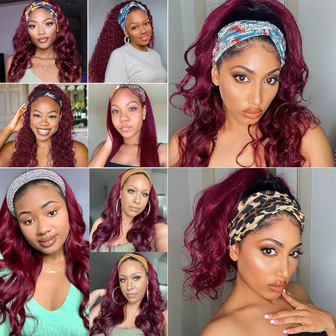XSY Headband Wig Human Hair 1B/99J Burgundy Deep Wave Headband Wig Red Colored Curly Headband Wig Glueless No Lace Front Wig Brazilian Virgin Human Hair Wigs for Black Women 150% Density 16 Inch