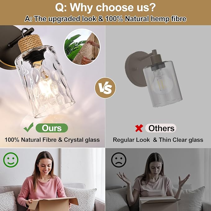 Set of 2 Wall Sconces for Bathroom, Coastal Modern Vanity Lights with Clear Glass Shade, Brown and Gold Bathroom Wall Lamp for Mirror Kitchen Living Room Hallway Cabinet Porch