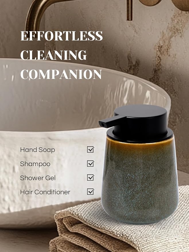 INGOFIN Ceramic Foaming Soap Dispenser -12oz Foam Hand Soap Dispenser Bathroom, Modern Refillable Dish Wash Soap Bottle for Kitchen with Large Pump -Kiln-Glazed Blue Green