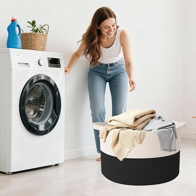 65L Large Blanket Basket,19.7" L x 19.7" W x 13" H Rope Woven Baskets with Handles, Toys Storage Bins,Laundry Basket Perfect for Living Room, Nursery,Bedroom,Home Organization,White&Black