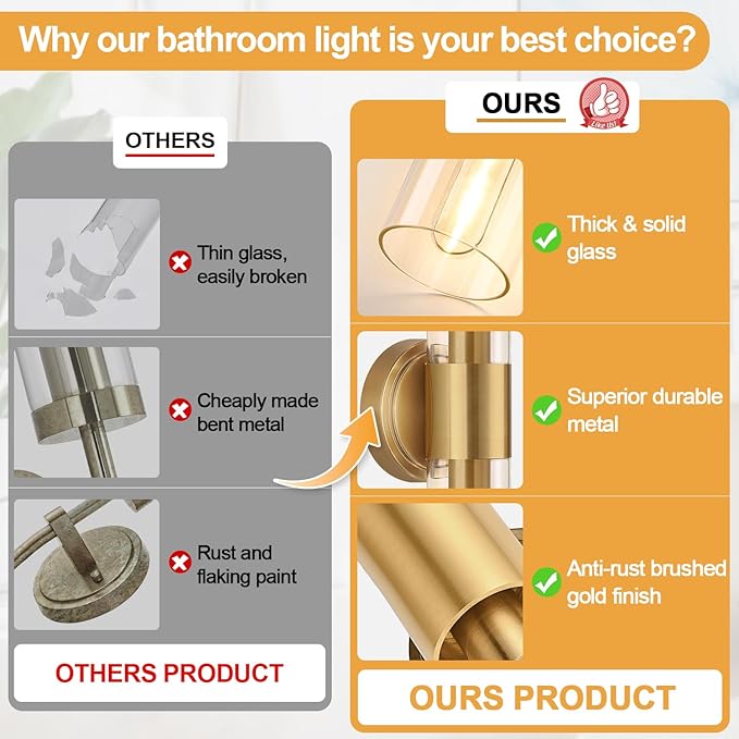 Wall Sconces Set of Two, Brushed Gold Bathroom Sconces Wall Lighting with Clear Glass, Hardwired Modern Sconces Wall Decor Set of 2 for Bathroom Mirror Bedroom Living Room Hallway