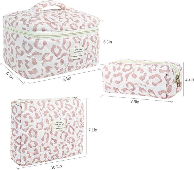 3Pcs Makeup Bag Cotton Quilted Travel Cosmetic Bag Cute Floral Makeup Pouch Large Toiletry Bag for Women Girls