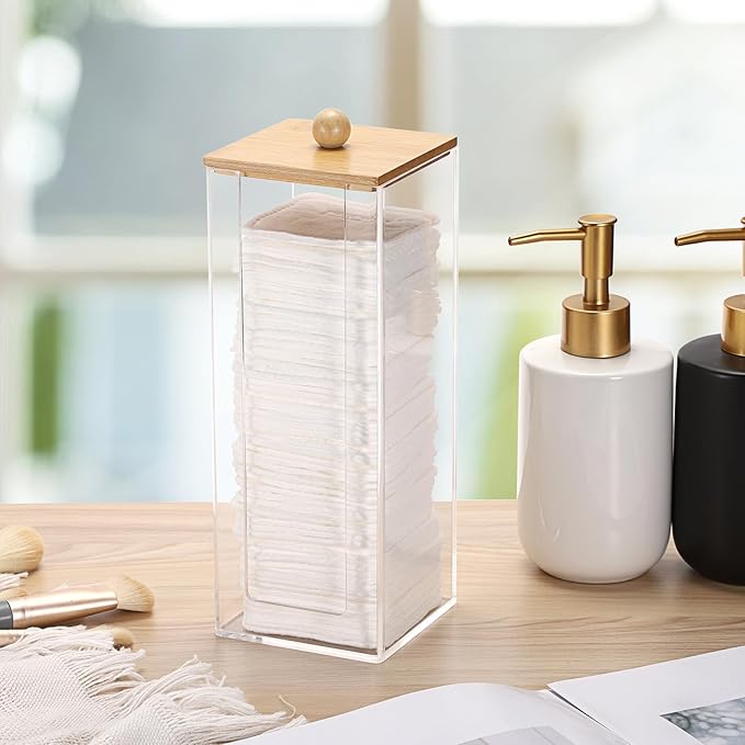 Acrylic Clean Pad Storage Box Vertical Cotton Pads Holder Square Makeup Pad Dispenser with Lid Clear Bathroom Countertop Vanity Organizer
