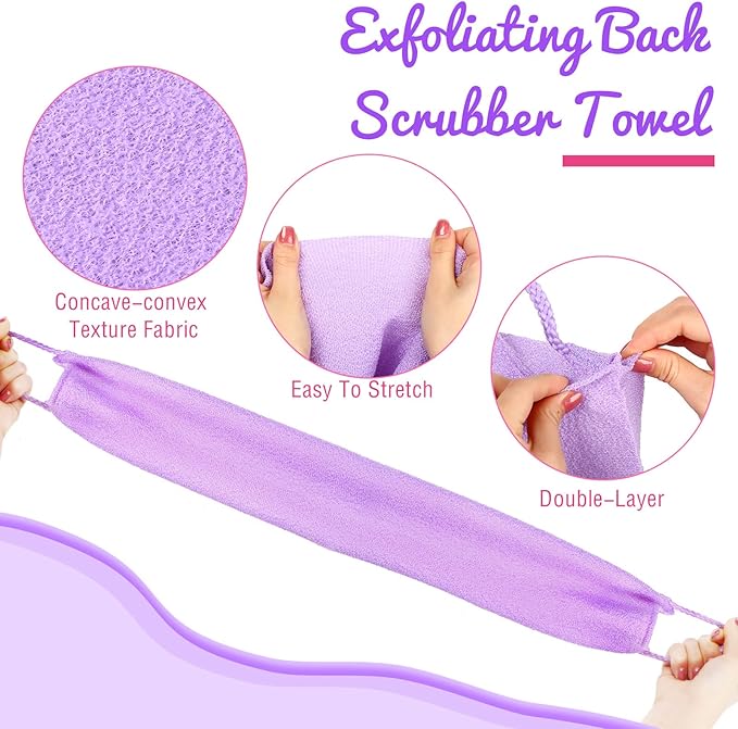 Exfoliating Back Scrubber with Handles for Shower for Women Exfoliating Back Cloth Body Extended Length Scrubber Towel Nylon Stretchable Pull Strap Wash Cloth for Bath Body 2 Pack