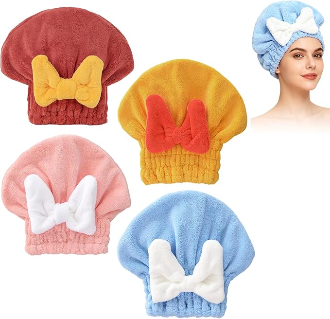 4Pcs Super Absorbent Hair Towel Wrap for Wet Hair, Microfiber Hair Towel Wrap Quick-Drying Thickened Hair Towels, Soft Bow Tie Wet Hair Towels Wrap for Women Girls (Pink+Blue+Yellow+Red)