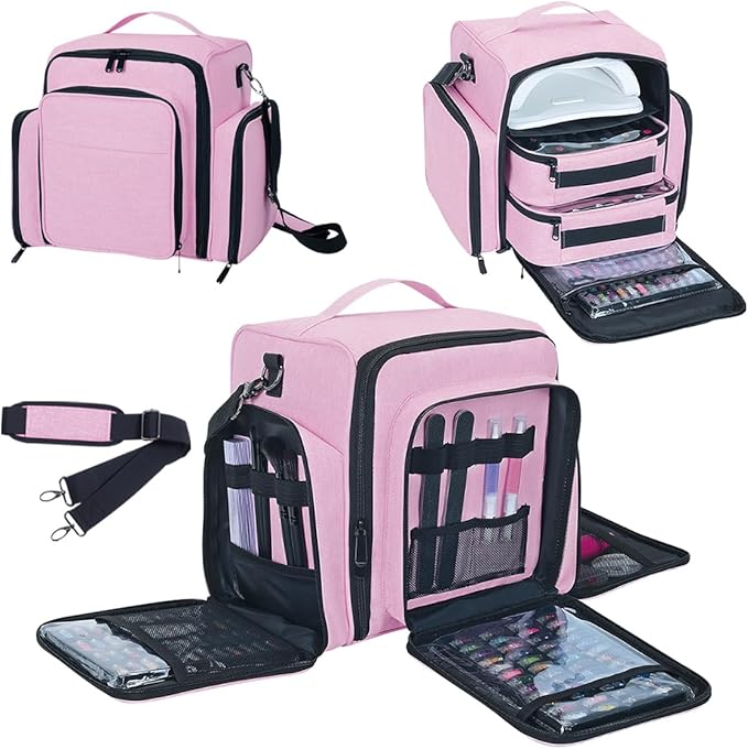 Nail Polish Organizer Holds 60 Bottles and a Nail Lamp,Portable Travel Case with 2 Removable Bags and Tools Storage Pockets Pink