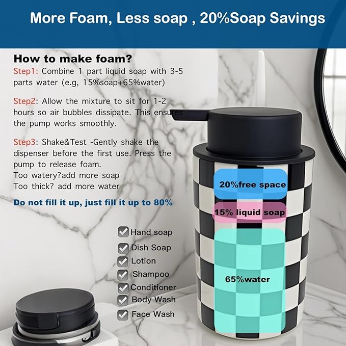 Foaming Soap Dispenser, Foam Hand Soap Dispenser for Bathroom Countertop, Modern Black and White Foamy Hand Soap Refills Bottle for Kitchen,Bathroom-Checkered Bathroom Decor