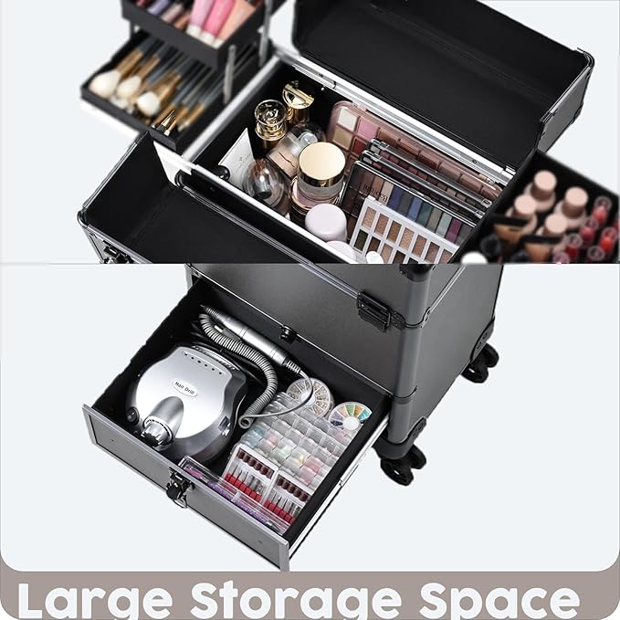 Hododou Rolling Makeup Case Cosmetic Travel Trolley Storage Sliding Drawer 4 Tray Makeup Travel Case with Wheels Salon Barber Case Traveling Cart Trunk for Cosmetologist Nail Tech Hairstylist Grey