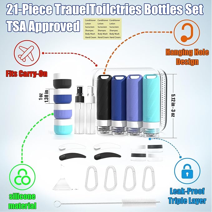 26 Pieces Travel Size Toiletries Bottles Set, Tsa Approved Leakproof Refillable Travel Bottles with Hanging hole design, Silicone Material, Suitable for Shampoo, Conditioner, and Body Lotion
