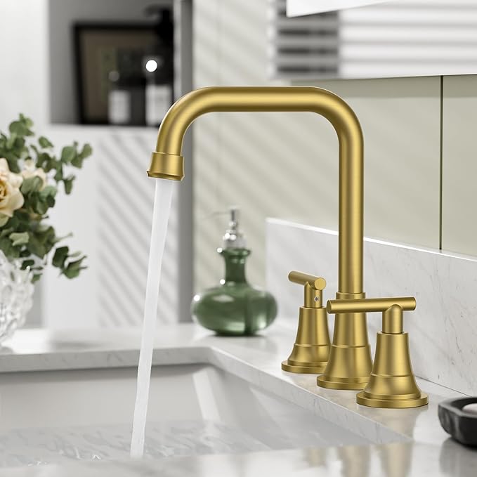 FORIOUS 3 Hole 8 Inch Widespread Bathroom Faucet in Brushed Gold - 2 Handle Bathroom Sink Faucets with Pop Up Drain Assembly and 2 Water Supply Lines for RV Bath Vanity Farmhouse, 360°Swivel Spout